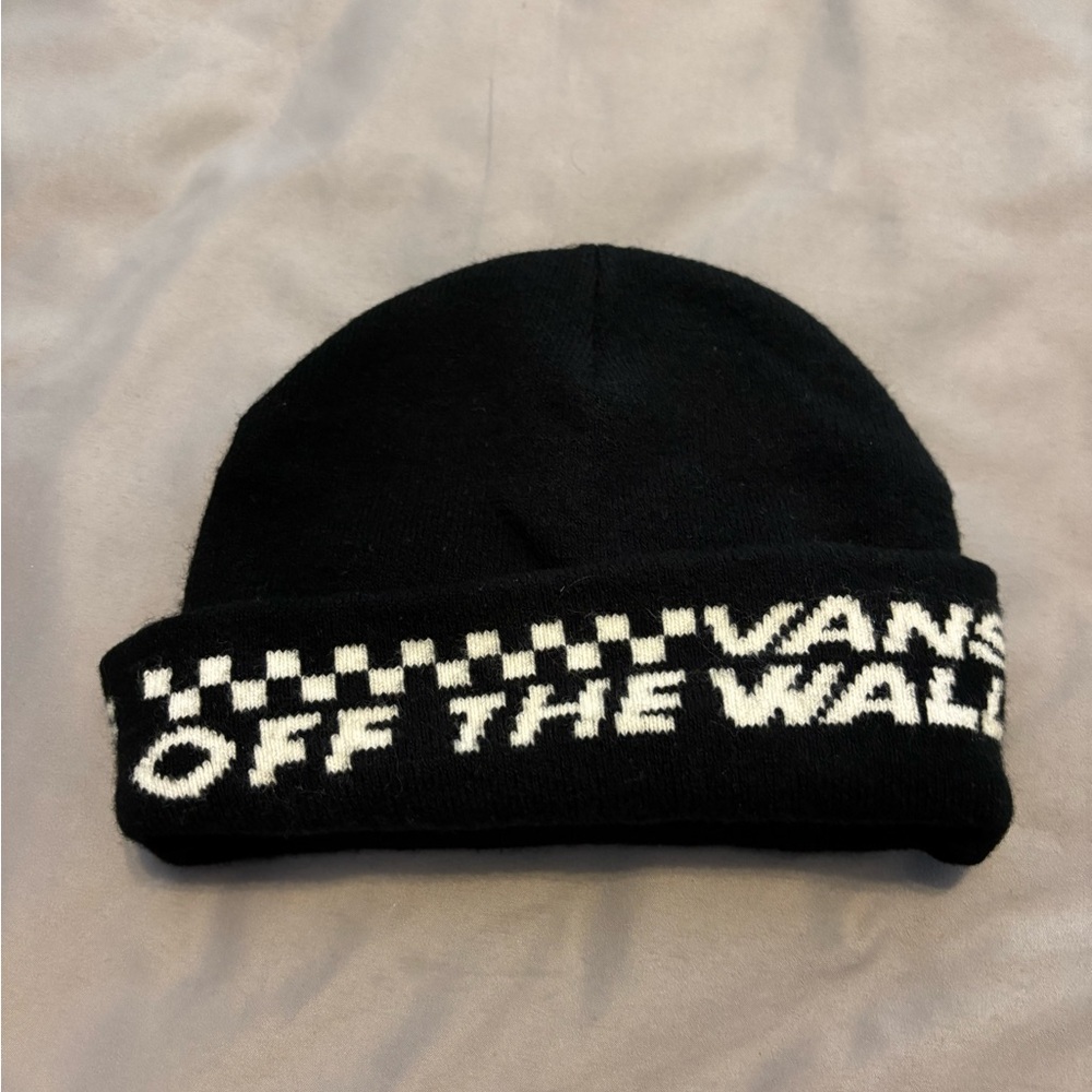 Vans Black Beanie with Checkered Text